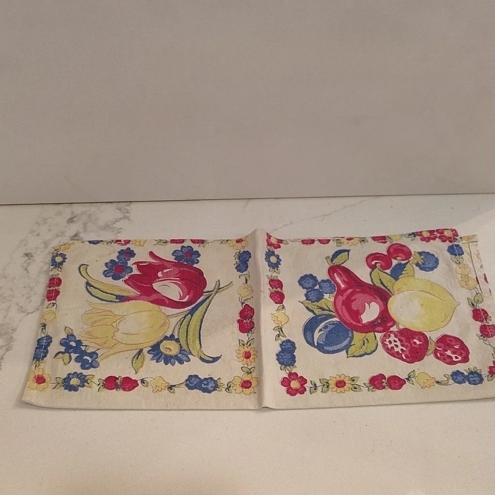 Vintage cloth napkin fruit and tulip print set of 3 12.5